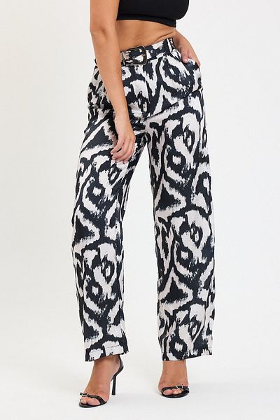 VİOLETTE Women's Black and White Patterned Satin Palazzo Pants - Wide Leg High Waist with Belt