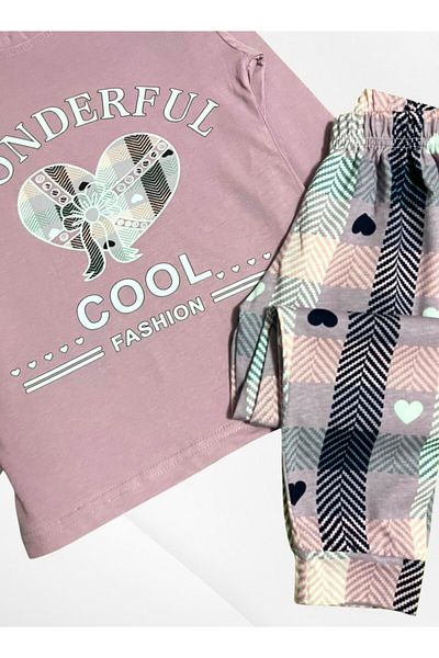 Pajama Shop Girls' 100% Cotton Fabric Dusty Rose Heart Pattern Bottom Plaid Long Sleeve Thin Seasonal Pajamas Set