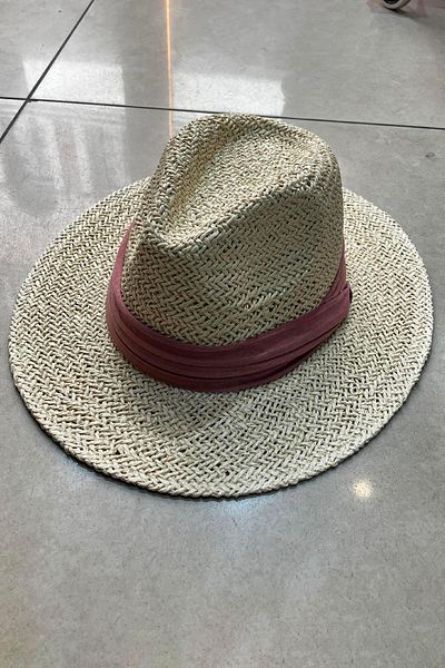 Külah Knitted Textured Pink Striped Straw Panama Hat - Cream