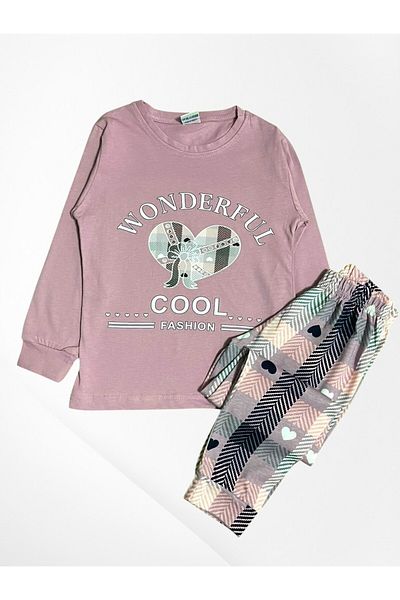 Pajama Shop Girls' 100% Cotton Fabric Dusty Rose Heart Pattern Bottom Plaid Long Sleeve Thin Seasonal Pajamas Set