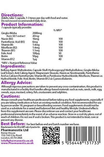Pharmanostix Ginkgo Biloba B Plus Supplement 6000mg Daily Serving - 90 Capsules