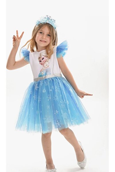 Genel Markalar ELSA KARLAR KRALİÇESİ TAÇLI DOĞUM GÜNÜ PARTİ VE DÜĞÜN KIZ ÇOCUK ABİYE ELBİSE