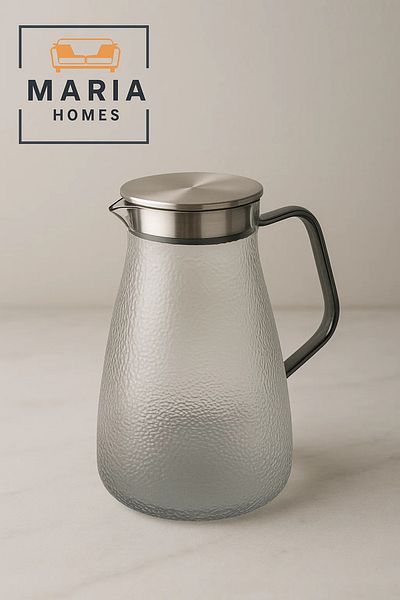 MARIA HOMES Textured Smoke Gray Glass Water Pitcher with Stainless Steel Lid – 1.3 Liter