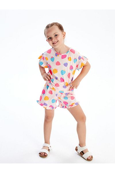 LC Waikiki Pink Heart Printed Girl's T-Shirt and Shorts 2-Piece Set