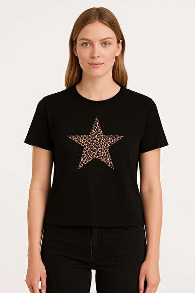 MONARCHMODA Tricou pentru femei (TRIOC PREMIUM NEGRU IMPRIMAT REGULAR FIT / CORT NORMAL 100% bumbac 100% GULER CU CAPĂT)