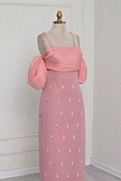 Yonca Moda Evi Pembe İNCİLİ KREP ELBİSE 6055
