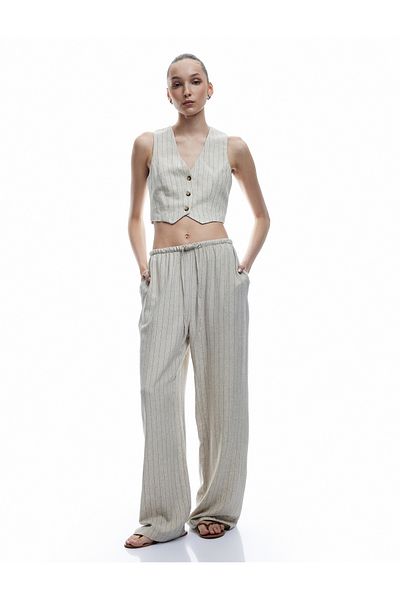 Koton New Season Lace-Up Waist Linen Blend Comfortable Fit Striped Wide Leg Trousers