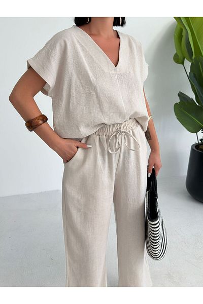 aytenli V Neck Short Batwing Sleeve Flowy Top Elastic Size Palazzo Pants with Elastic Waist Pockets Linen Suit