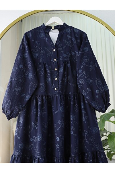 Modamorfo Φόρεμα με λαβή ελαστικό μισό κουμπί ζακάρ εμπριμέ - Navy