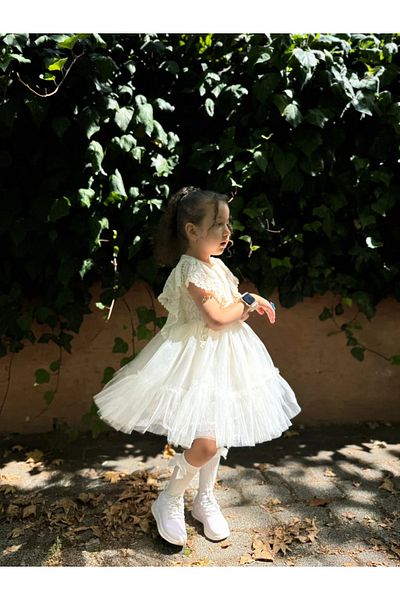 Minizade Baby Girl Cream Dress Zero Sleeve Ruffled Tulle Tutu Birthday Party Wedding Special Occasion Girl Dress