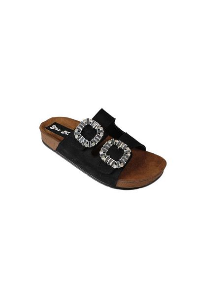 Yaz Kış Ayakkabı Yazkiş Women's Black Cream Double Buckle Buckle Shiny Stone Cork Sole Slippers
