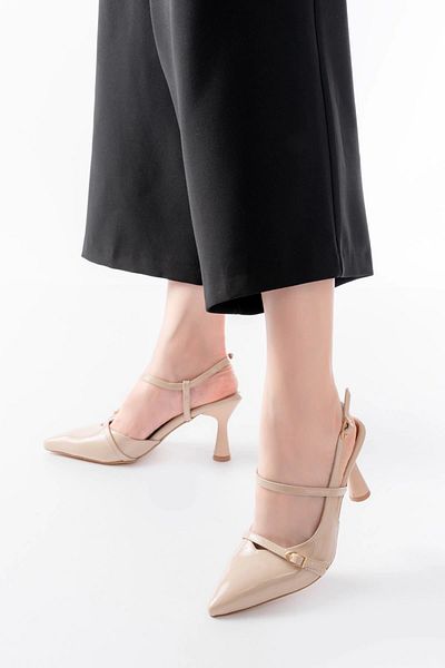 TB Terzi Bey K-6722 Beige Patent Leather Buckle Detailed Pointed Toe Women's Shoes