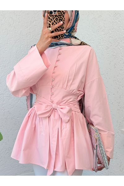 Modamorfo Tunic with Stone Buttons and Lace-Up Waist - Pink
