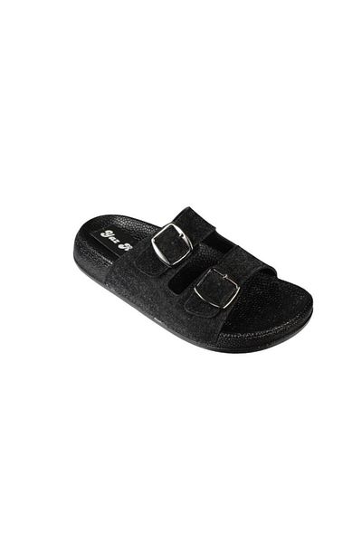 Yaz Kış Ayakkabı Yazkiş women's black platinum double buckle shiny fabric slippers