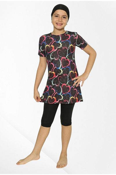 Pajama Shop Girls' Swimsuit Set Black Quick Dry Tight Woven Colorful Heart Pattern Short Sleeve Capri with Belt