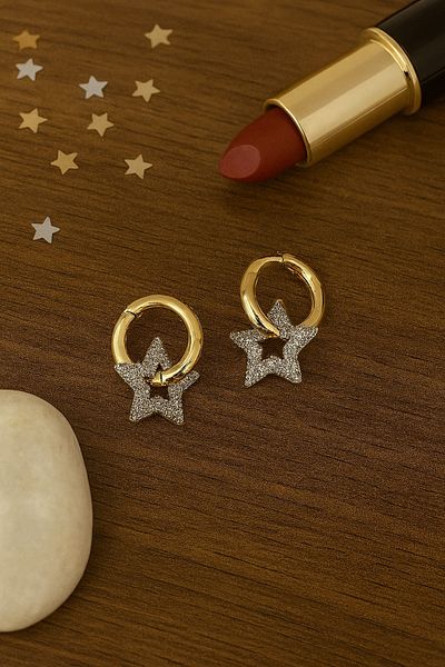 sema aksesuar Zircon Stone Star Model Ring Brass Earrings - Gift