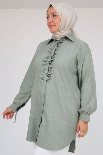 Eslina 58075 Large Size Men's Collared Shirt with Ruffle Detail on the Front - Nefti Crushed