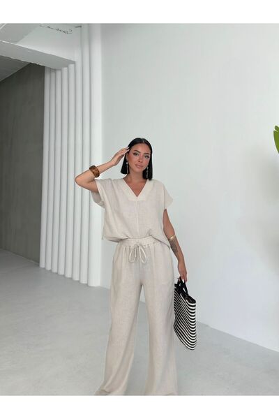 aytenli V Neck Short Batwing Sleeve Flowy Top Elastic Size Palazzo Pants with Elastic Waist Pockets Linen Suit