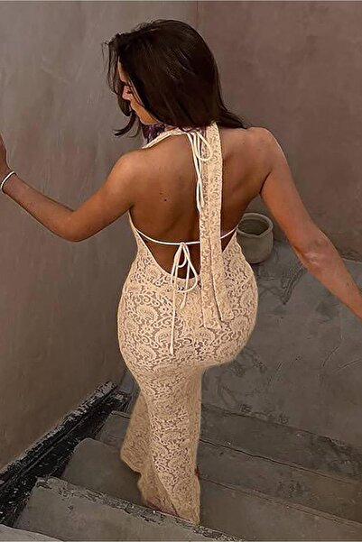 Bikini Mayokini Dünyası Μονίκα Μακρύ Φόρεμα με Χαμηλό Ντεκολτέ - Μπεζ