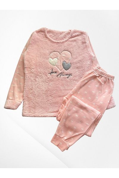 Pajama Shop Women's Pink Heart Love Patterned Well Soft Soft Textured Winter Long Sleeve Fleece Pajamas Set