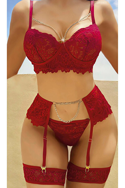 BALDOMERO Lace Chest Low-Cut Chain Burgundy Garter Suit 2053