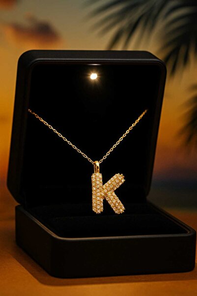 KAR DİAMOND 925 Ayar Gümüş Altın Kaplama Zirkon Taşlı K Harfi Kolye - Sertifi...