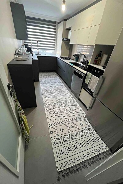 CENTER AVM İskandinav Beyaz Halı Yıkanabilir Kaymaz Taban Mutfak Halısı Korid...