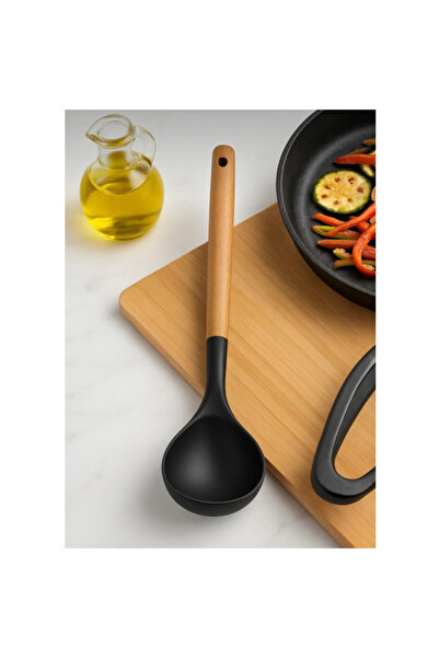 abnturk Ahşap Akasya Saplı Siyah Silikon Kepçe Çorba Yemek Kepçesi Yanmaz Yap...