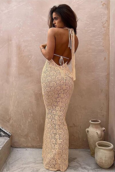 Bikini Mayokini Dünyası Μονίκα Μακρύ Φόρεμα με Χαμηλό Ντεκολτέ - Μπεζ