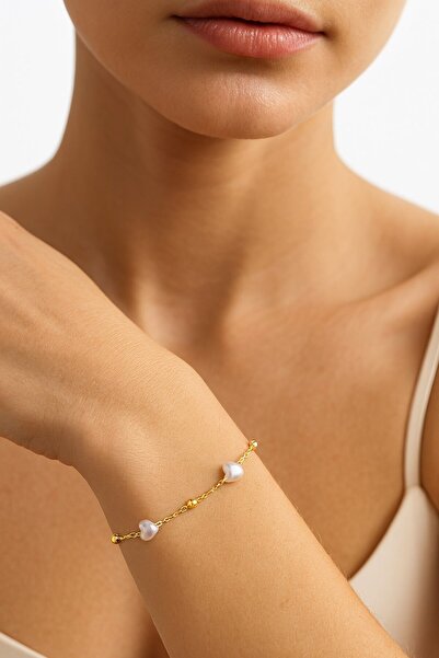 X-Lady Accessories Altın Renk Kalp İnci Zincir Asansör Çelik Bileklik - 3592