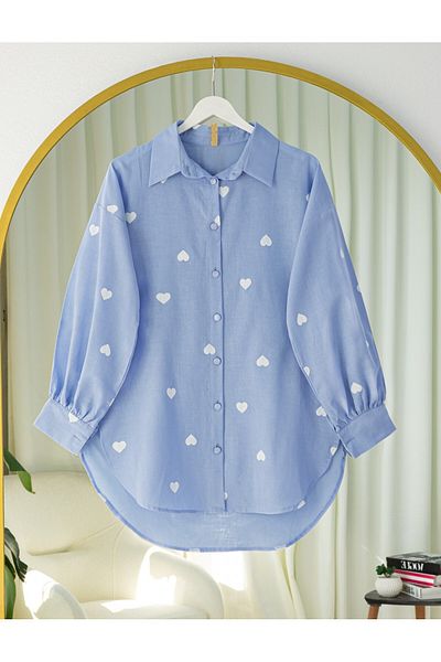 Modamorfo Heart Detailed Buttoned Long Back Silk Cotton Shirt - Light Blue