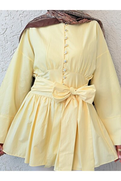 Modamorfo Τούνικ με κορδόνια στη μέση με πέτρινο κουμπί - Ανοιχτό κίτρινο