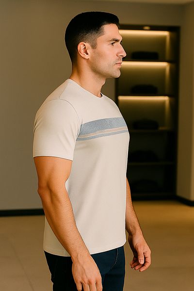 Maccali Men's Patterned Short Sleeve Large Size Loose Ecru T-Shirt