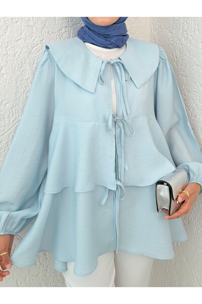 Modamorfo Baby Collar Front Lace Skirt Layered Kimono - Baby Blue