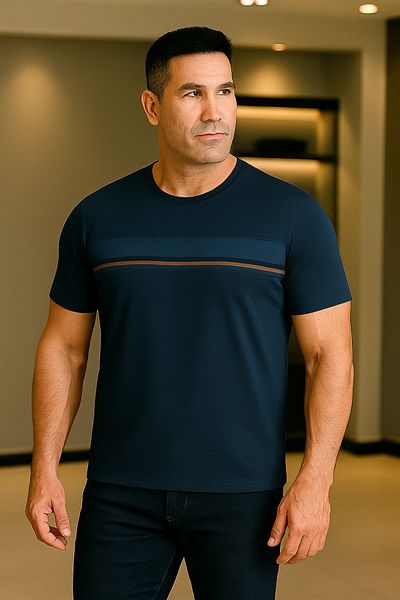 Maccali Men's Patterned Short Sleeve Large Size Loose Navy T-Shirt