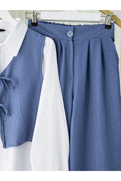 Modamorfo Front Lace-Up Trouser Vest Double Linen Suit -Indigo