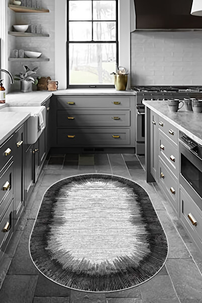 CENTER AVM Oval Gri Halı Yıkanabilir Kaymaz Taban Mutfak Halısı Koridor Halıs...