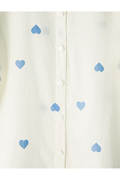 Modamorfo Heart Detailed Buttoned Long Back Silk Cotton Shirt - White