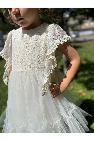 Minizade Baby Girl Cream Dress Zero Sleeve Ruffled Tulle Tutu Birthday Party Wedding Special Occasion Girl Dress