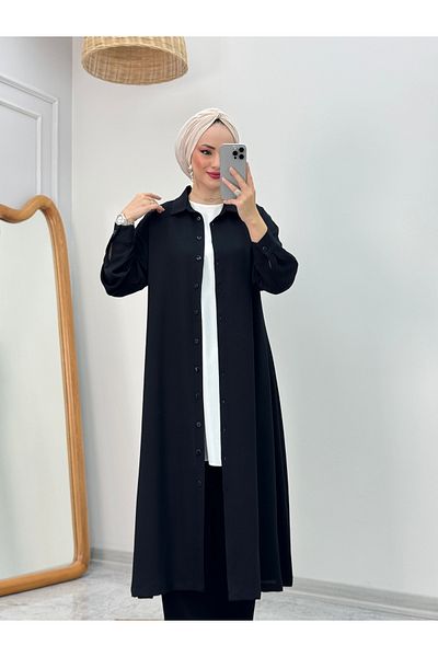 ButikKardelen Camelya Sandy Crepe Fabric Tunic Long Buttoned Triple Suit