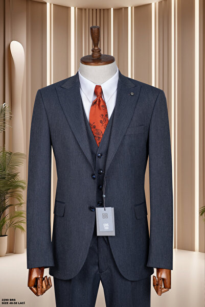 Costumen Çizgili Slim Fit Yelekli Takım Elbise Çift Yırtmaç Astarlı
