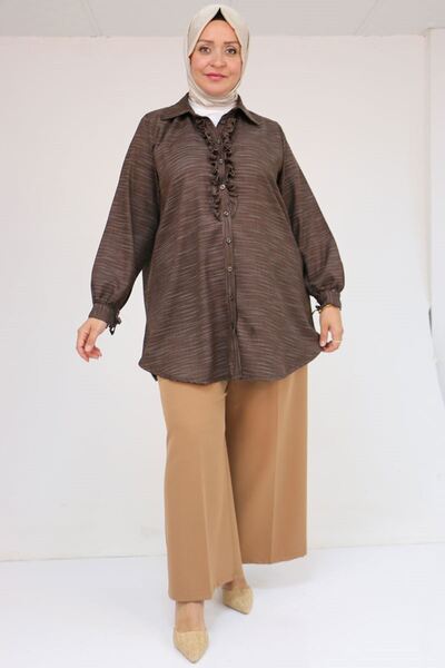 Eslina 58075 Büyük Beden Önü Fırfır Detaylı Erkek Yaka Gömlek - Kahve Kırçıllı