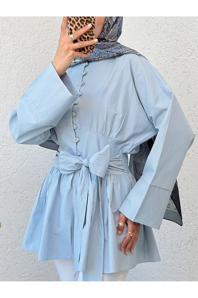 Modamorfo Tunic with Stone Buttons and Lace-Up Waist - Baby Blue