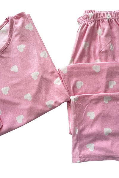 Pajama Shop Women's Cotton Suede Pink Heart Pattern Long Sleeve Crew Neck Winter Pajamas Set