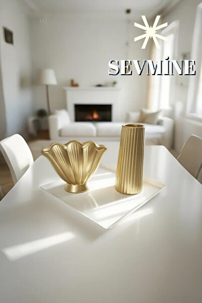 SEVMİNE ✨   Σετ Βάζων Golden Duo 2 τεμαχίων Bohemian & Nordic Gold – Σχέδιο ριγέ & Σχήμα ορυκτού