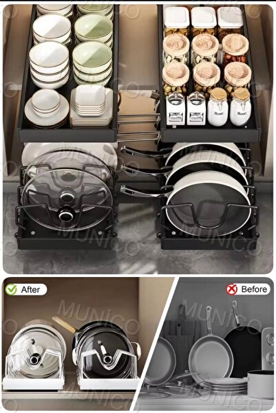Tencere ve Tava Organizatör Dolap Altı, Sürgülü Tencere Kapağı Tutucu ve Tava Rafı Mutfak