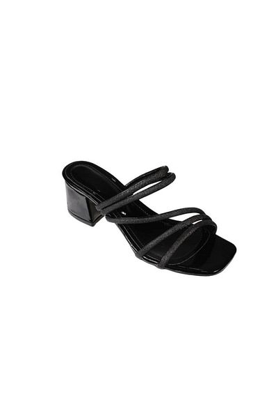 Yaz Kış Ayakkabı Yazkiş Women's Black Silver Double Striped Scarf Bottom Patent Leather 5cm Thick Heel Slippers