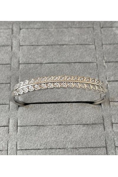 demirosa Women's Steel Silver Color Leaf Model Zircon Stone Design Handcuff Bracelet