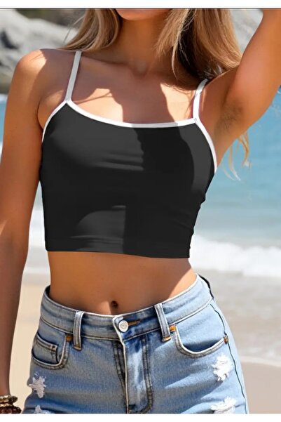 MAROVOAY Black Mini Lycra Crop Bustier with White Straps