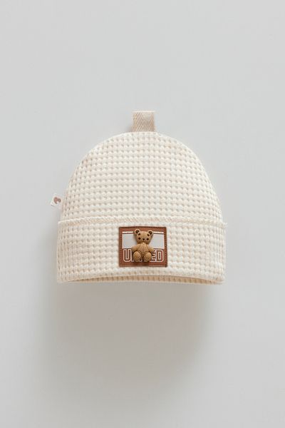Caramell Baby Hat 100% Cotton Plush Teddy Bear Detailed Waffle Fabric (1 - 12 Months)